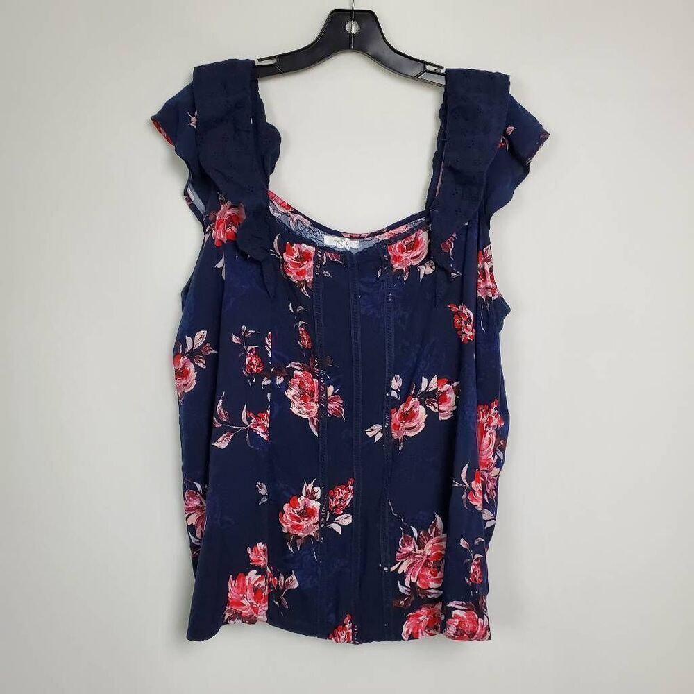 Maurices 1X Navy Floral Ruffle Cap Sleeve Top